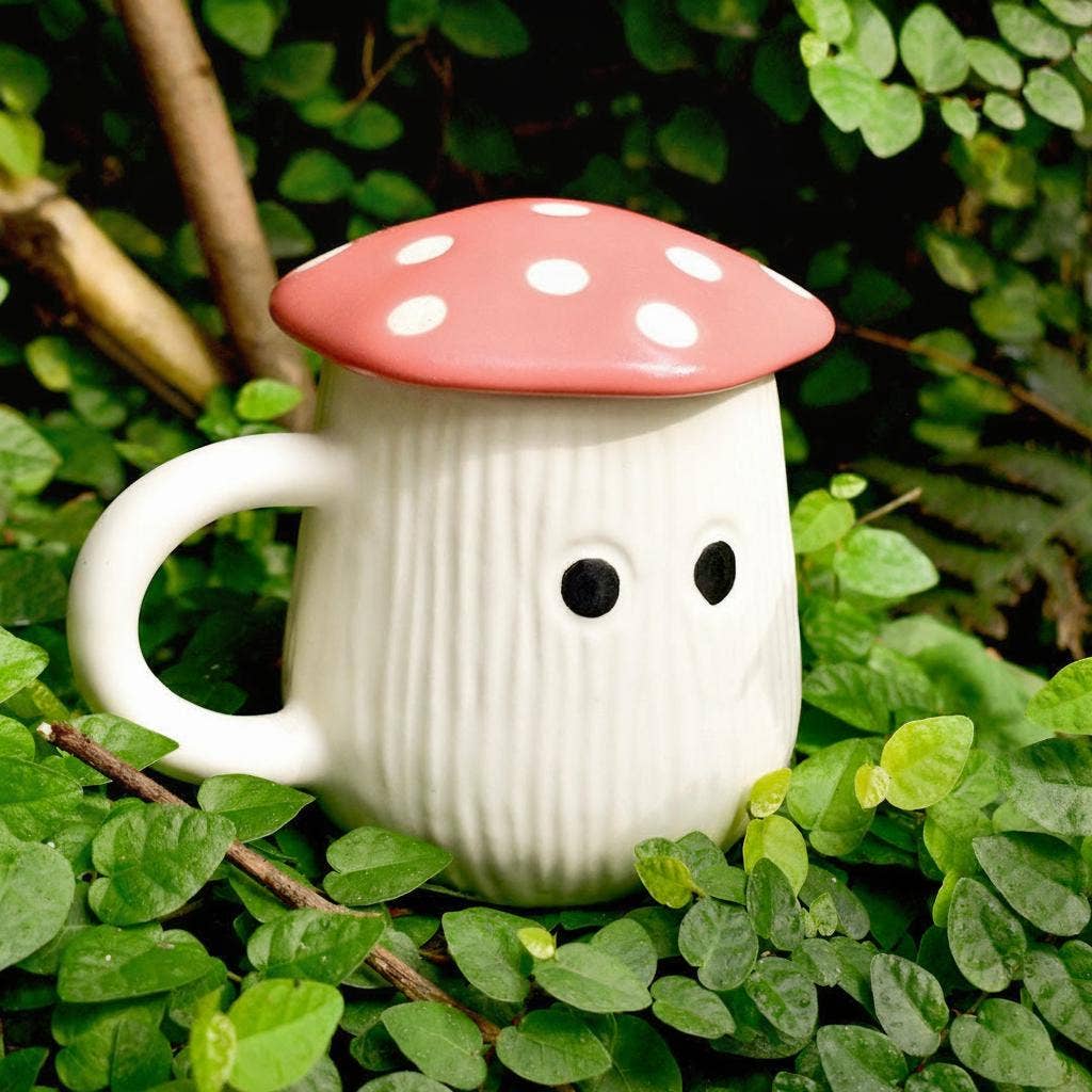 Caneca | Tampa em forma de chapéu de cogumelo em cerâmica | Branca e vermelha