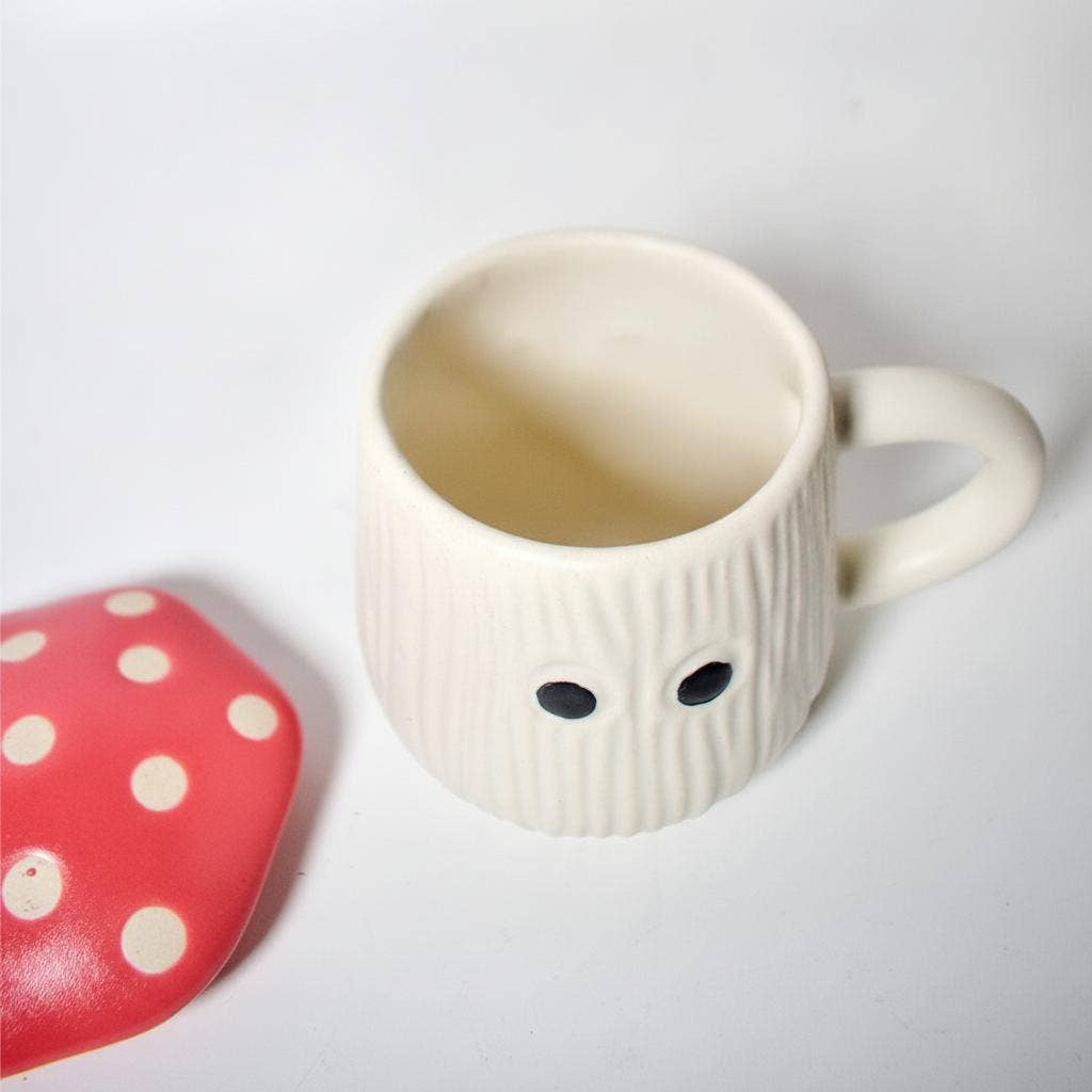 Caneca | Tampa em forma de chapéu de cogumelo em cerâmica | Branca e vermelha