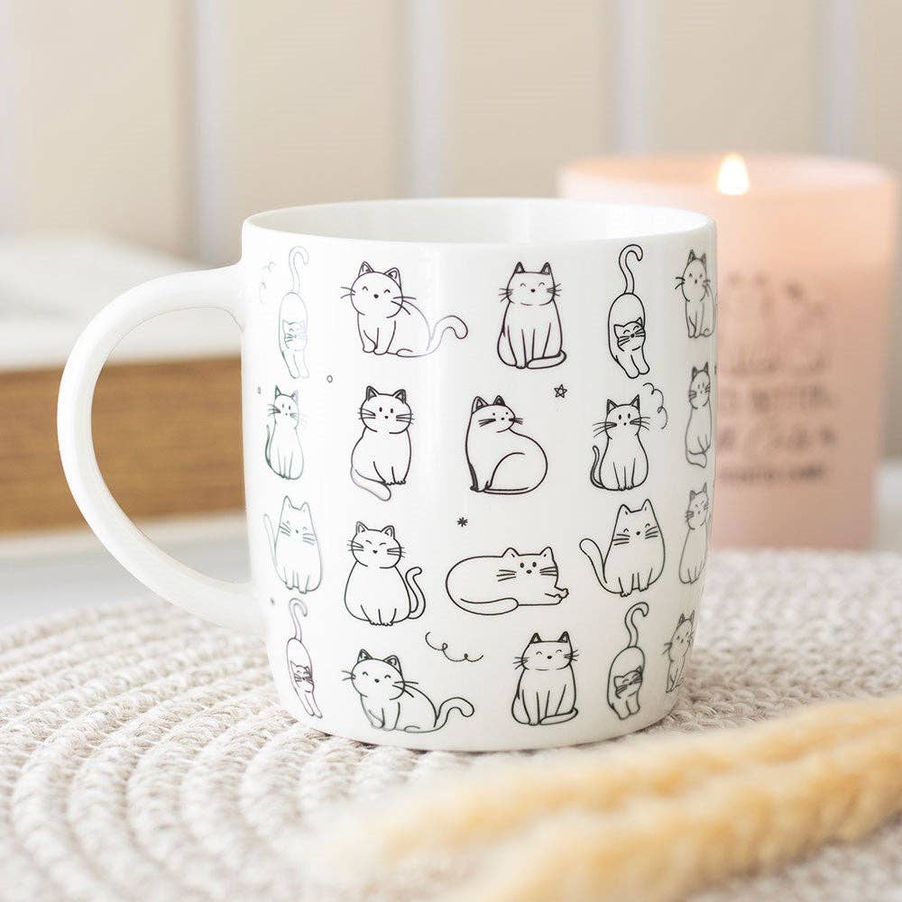 Caneca branca com estampa de gato feliz
