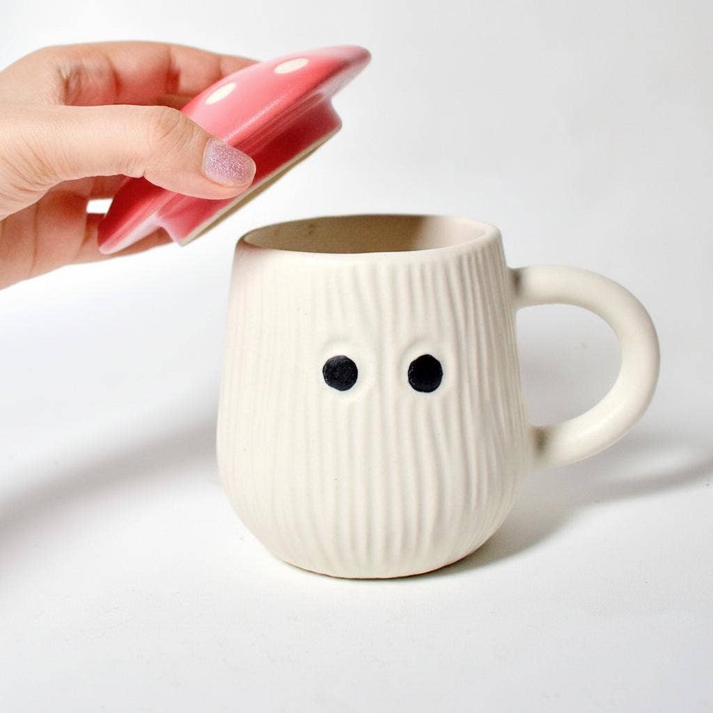 Caneca | Tampa em forma de chapéu de cogumelo em cerâmica | Branca e vermelha
