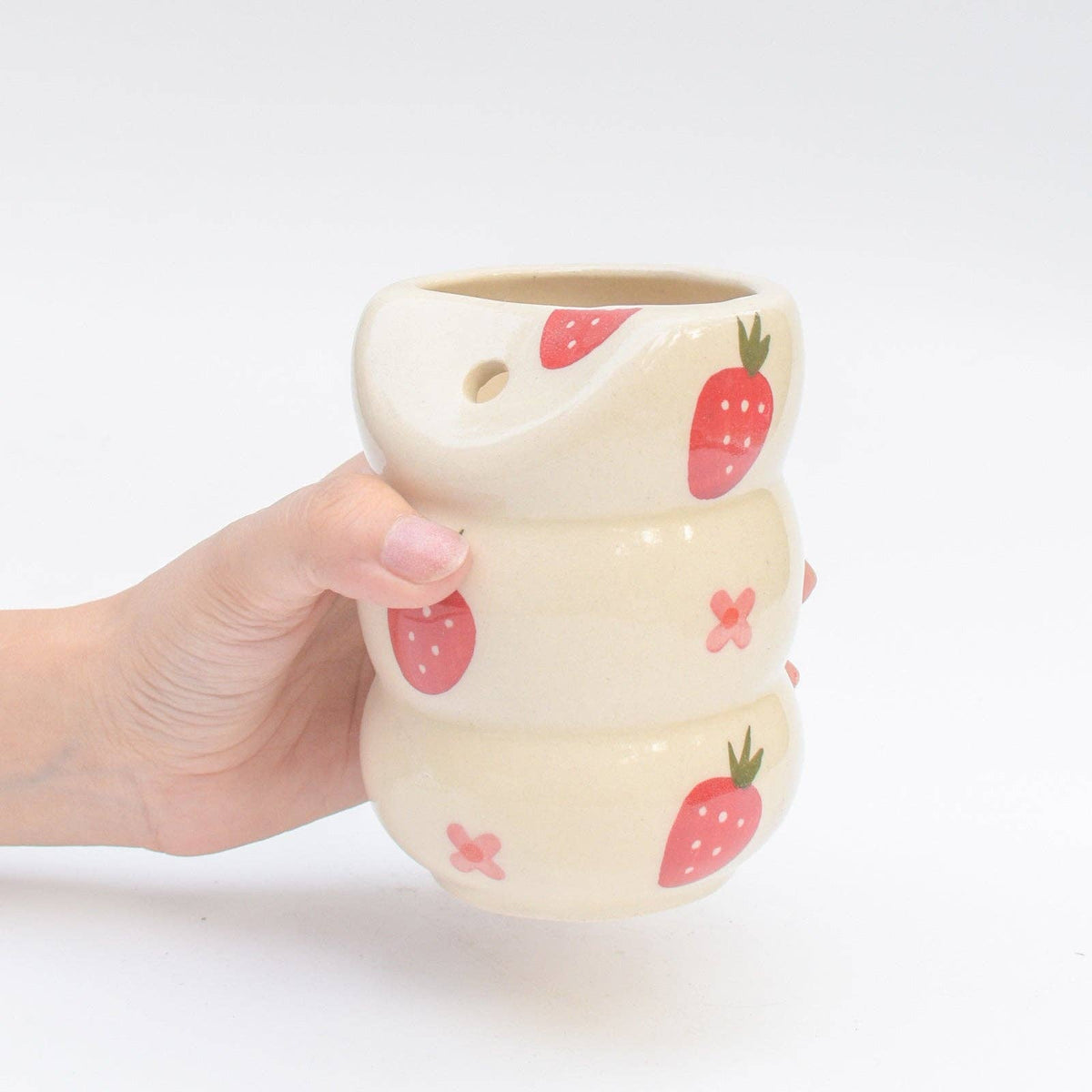 Copo térmico | Cerâmica rosa pintada à mão com flor de morango
