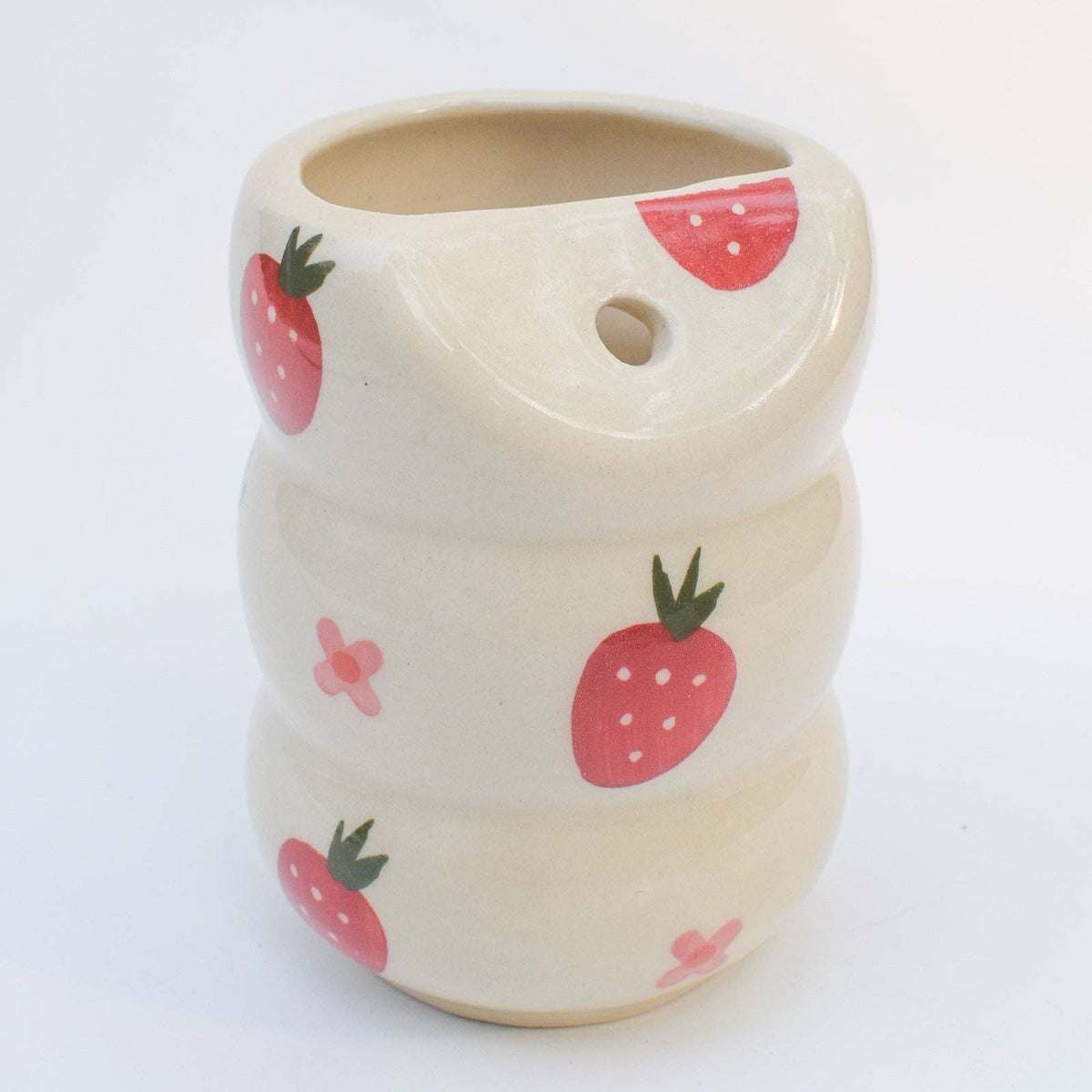 Copo térmico | Cerâmica rosa pintada à mão com flor de morango