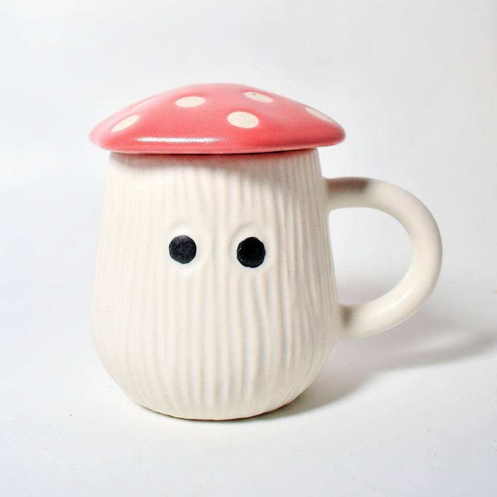 Caneca | Tampa em forma de chapéu de cogumelo em cerâmica | Branca e vermelha