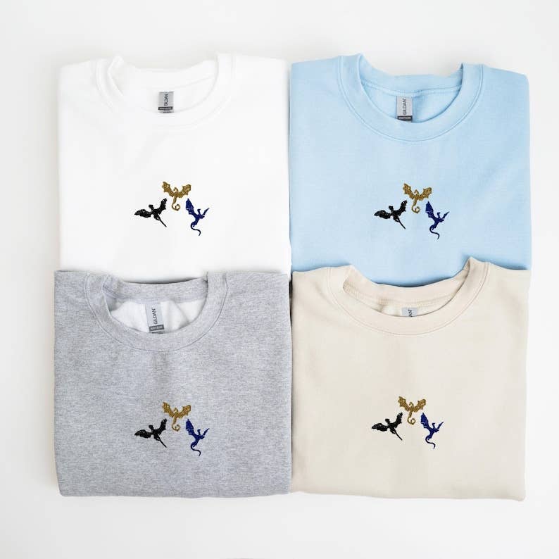 Sweatshirt com dragões de fantasia bordados, presente literário para ela: Branco / M / T-shirt