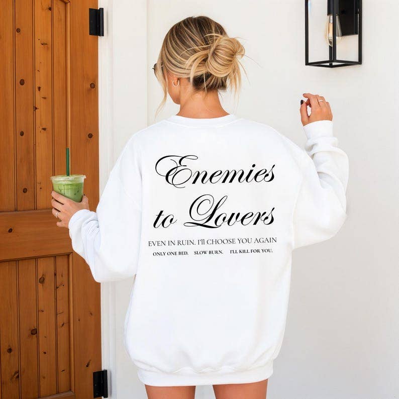 Camisola com capuz "De inimigos a amantes", presente para amantes de livros, camisola literária: Preto / M / Sweatshirt